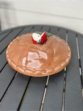 Vintage Portuguese Ceramic Apple Pie Keeper with Lid Trompe L'oeil Figural Dish